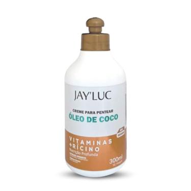 Imagem de Creme Condicionador Óleo De Coco Jay Luc 300Ml, Jay'Luc Cosméticos, Creme Condicionador De Cabelo Com Vitaminas E Rícino, Dourado, Cabelos Normais A Secos, Hidratação Intensiva Sem Enxágue