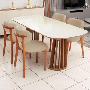 Imagem de Mesa de Jantar 1,80m Retangular com Tampo de Vidro e 4 Cadeiras em Mad