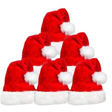 Imagem de Pacote com 6 chapéus de Papai Noel de pelúcia, vermelho e branco tradicional para festa de Natal, tamanho adulto