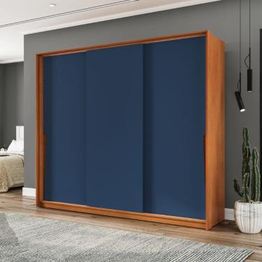 Imagem de Guarda Roupa Roupeiro 3 Portas de Correr 4 Gavetas Porto Freijó Azul Politorno Móveis