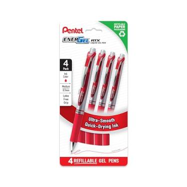 Imagem de Pentel Canetas de gel líquido EnerGel RTX, média (0,7 mm), tinta vermelha, sem plástico, pacote com 4 (BL77PF4B)