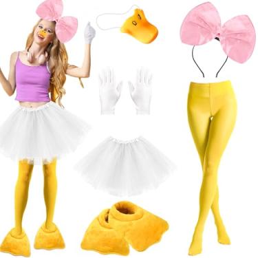 Imagem de kawaarashi 8 peças de fantasia de pato de Halloween para mulheres – Inclui argola de cabelo com laço de nariz de pato, luvas brancas, chinelos de casa, meia-calça amarela com pé e saia tutu branca em
