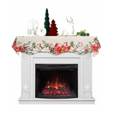 Imagem de Cachecol de cornija de Natal 177,8 x 43,2 cm, bagas de inverno, flor, textura de linho, pano de lareira, capa de cornija, decoração de mesa para festas de fim de ano, sala de estar, decoração de casa
