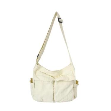 Imagem de Bolsa carteiro de lona grande bolsa transversal com vários bolsos bolsa casual de ombro estética para mulheres e homens (off-white)