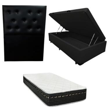 Imagem de Cama Box Baú Blindada com Colchão Eagle Molas Bonnel 22cm + Cabeceira Botonê (CORINO PRETO, Solteiro)