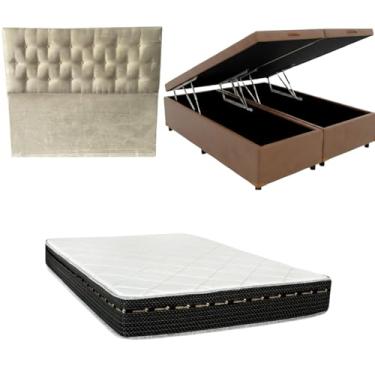 Imagem de Cama Box Baú Bipartida Blindada + Colchão Eagle Molas Bonnel 22cm | Kit Completo com Cabeceira Botonê Opcional | Diversas Cores (3, CORINO MARROM, COM CABECEIRA)