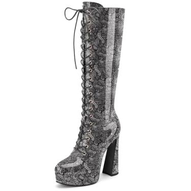 Imagem de Perisis Botas femininas com cadarço até o joelho plataforma salto alto grosso bico arredondado botas longas de couro envernizado com zíper, Flor preta, 39