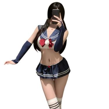 Imagem de SENJIY Roupa de colegial sexy para mulheres, lingerie de marinheiro, cosplay, traje de banho, vestido curto japonês, anime, RPG, JK, uniforme, laço, top curto, minissaia, luvas, tanga azul marinho