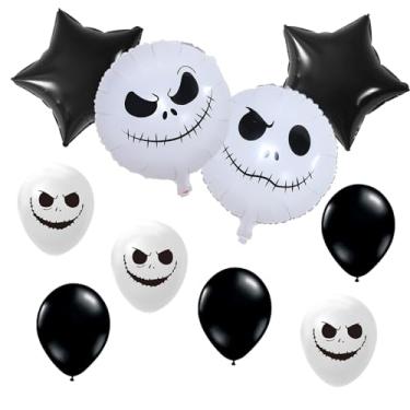Imagem de Conjunto de balões góticos de caveira de Halloween, balões de alumínio de caveira preto e branco, balões de látex de estrela preta para decorações de festa de Halloween, suprimentos de aniversário com