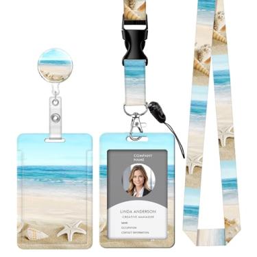 Imagem de Cordão retrátil para crachá de identificação com clipe e chaveiro, ajustável, bonito carretel de separação, durável, perfeito para mulheres enfermeiras, professoras, profissionais de escritório (praia