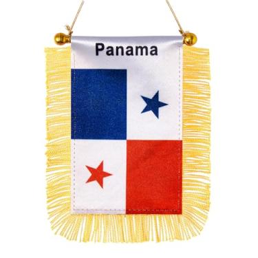 Imagem de JBSJBS Bandeira pendurada do Panamá mini bandeiras de janela de carro panamenha pequenas bandeiras de espelho retrovisor decoração bandeiras do Panamá com ventosa com franjas douradas dupla face 7,6 x