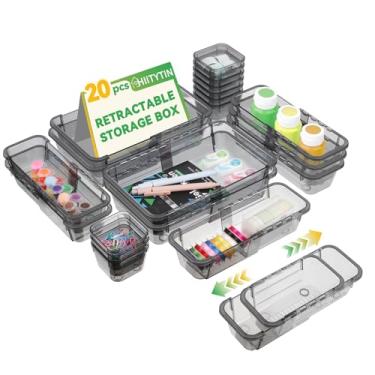 Imagem de Hiitytin Organizador de gaveta expansível preto, 20 peças, organizadores e armazenamento de gaveta de 3 tamanhos, divisórias de penteadeira, caixas de armazenamento de acrílico para maquiagem