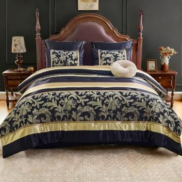 Imagem de Quilta Conjunto de edredom Queen de luxo com 7 peças em jacquard - Cama de alta qualidade para todas as estações em uma bolsa com 1 saia, 2 fronhas, 2 fronhas europeias, 1 travesseiro decorativo