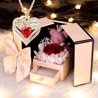 Imagem de Caixa de presente de rosa vermelha preservada com colar de coração eterna rosa real pingente de amor delicado presente romântico para mulheres irmã esposa namorada mãe no aniversário, Dia dos