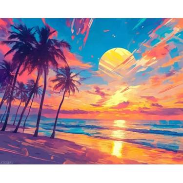 Imagem de XTXGERL Kit de pintura de cena de pôr do sol por números para adultos, pintura estética moderna por número em tela, kits de pintura a óleo digital de arte abstrata adequados para decoração de parede