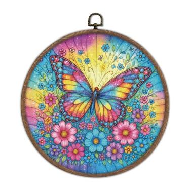 Imagem de DTLGTG Arte de parede de borboleta, tela emoldurada redonda de 25 x 25 cm, impressões coloridas de flores de borboleta, decoração de tela estética para quarto, sala de estar, berçário