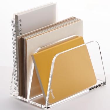 Imagem de SANRUI Organizador de correio de acrílico para desktop, organizador de cartas com 2 compartimentos, suporte de arquivo pequeno transparente, suporte de documentos de papel de preenchimento de notas