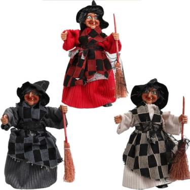Imagem de Bonzitoy Enfeites de bruxa de Halloween, 3 peças, bonecos de bruxa de terror de 20 cm seguram vassouras com base, adereços para pendurar em casa assombrada, decorações de mesa de festa