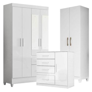 Imagem de Guarda Roupa Com Espelho Infantil Madri Com Cômoda Vênus E Armário Multiuso New íris Branco Brilho - Moval