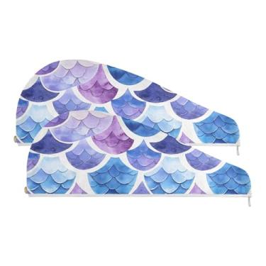 Imagem de SEHANY Toalha de cabelo de microfibra roxa pálida escamas de sereia para mulheres, 2 peças, turbantes de cabelo de secagem rápida com botão, touca de cabelo seco absorvente toalha de secagem de cabelo