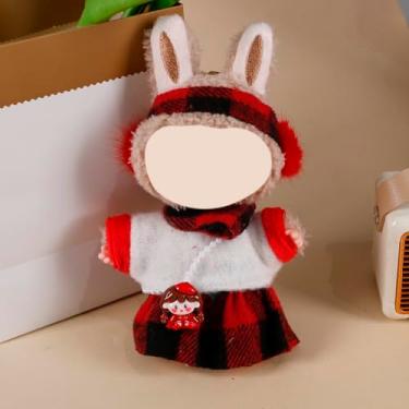 Imagem de Roupa de boneca de pelúcia guingão vermelho e preto - conjunto de 5 peças (protetores de orelha, blusa, cachecol, saia, pingente) compatível com Labubu 15 cm/17 cm (boneca não incluída)