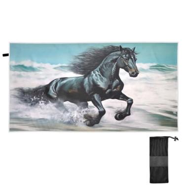 Imagem de Blueangle Toalha de praia de cavalo preto para corrida - Toalhas de viagem compactas e leves - Toalha de secagem rápida super absorvente para natação, acampamento e férias (190)