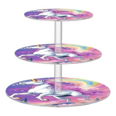 Imagem de Blueangle Suporte redondo de cupcake de 3 camadas – Torre de sobremesa acrílica de cavalo arco-íris, suporte de sobremesa em camadas antiderrapante para chá de bebê, aniversário, festa de casamento