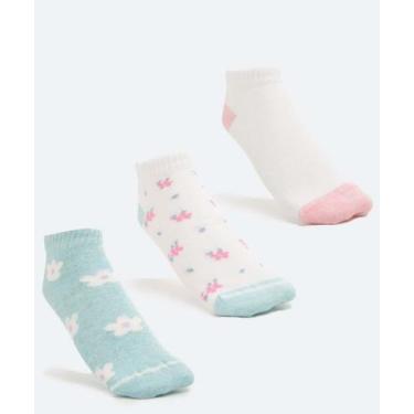 Imagem de Kit 3 Pares Meias Soquete Feminina Flores Marisa-70246, 34/39, Azul, B