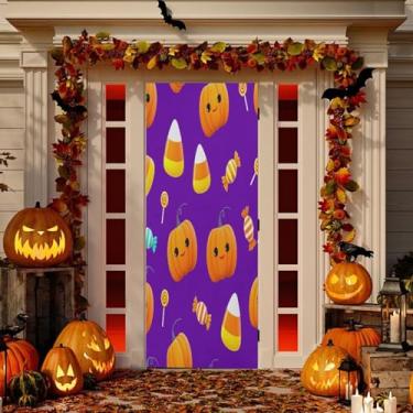 Imagem de Wassud Decoração de capa de porta de abóboras de desenho animado faixa interna para área externa decoração de casa de varanda grande decoração de porta da frente 96 x 98 polegadas