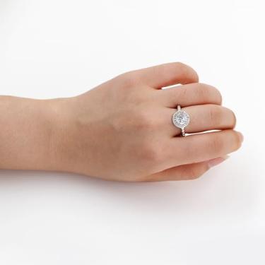 Imagem de Anel solitário de zircônia cúbica redonda halo para mulheres, joias de noivado e casamento estilo vintage, Cristal, Sem pedra preciosa