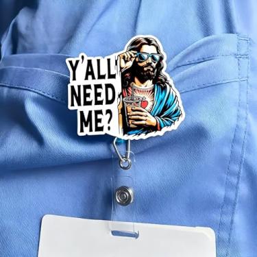 Imagem de Carretel retrátil de acrílico com clipe jacaré - Jesus bem-humorado com óculos de sol e bebida Y'All Need ME?Design, clipe de identificação de enfermeira para trabalhadores médicos/funcionários de