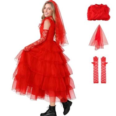 Imagem de PTLYE Vestido de noiva vermelho gótico de Halloween, saia de tule, vintage, gótico, cosplay, festa, roupas com luvas de véu, Vermelho adulto, XXG