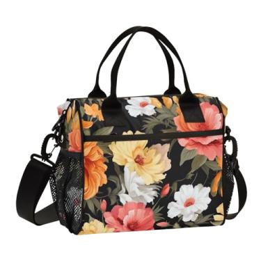 Imagem de GAIGEO Lancheira térmica preta com flores laranja e rosa para adultos, lancheira com zíper, lancheira feminina isolada para trabalho, P