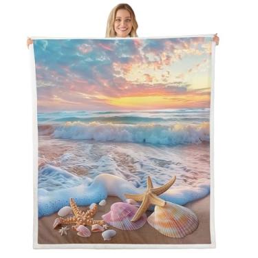 Imagem de Erosebridal Cobertor de lã de ovelha Ocean Beach Queen 90x90 onda do mar rosa estrela do mar cobertor de lã nascer do sol paisagem tropical felpudo pelúcia manta paisagem costeira rosa branco