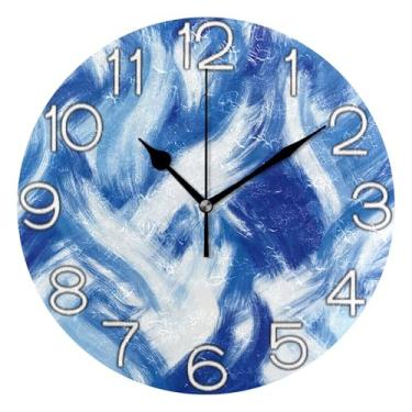 Imagem de GAIGEO Relógio de parede abstrato azul branco analógico decorativo sala de aula relógio de escritório funky alimentado por bateria, arte de parede boho decoração de casa, 25 cm, ponteiros pretos
