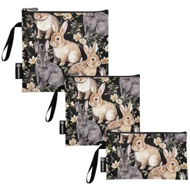 Imagem de TSENQUE Coelhos pintados flores bege cinza reutilizável saco de lanche e sanduíche sacos de almoço seguro para alimentos laváveis para escola, piquenique, trabalho, viagem (pacote com 3)