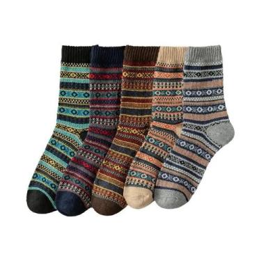 Imagem de Meias Térmicas Grossas De Lã Femininas 5 Pares Estilo Nórdico Retro Pr