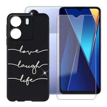 Imagem de Ikiiqii Capa para celular Xiaomi Poco C65 (6,7 polegadas) + protetor de tela, capa à prova de choque capa antiarranhões de silicone macio TPU antiarranhões + vidro temperado - texto minimalista