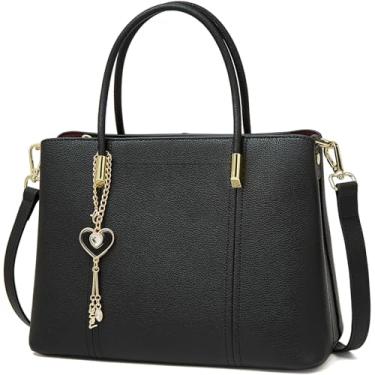 Imagem de FOXLOVER Bolsas femininas com alça superior de couro de grande capacidade, bolsas de ombro modernas com pingente em forma de coração, Preto, 11.3 x 8.46 x 4.72 inches