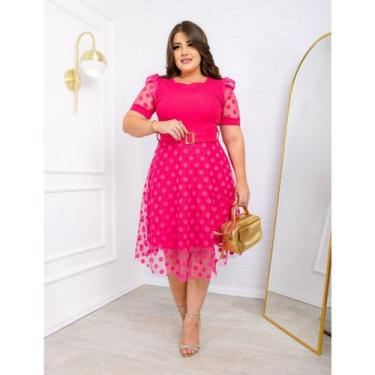Imagem de Vestido Mídi Manga Princesa tule Poa Forrado Canelado com Cinto no Mei