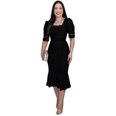 Imagem de Vestido Midi Feminino Justo Slim Sereia Manga Princesa - Liliane, Pret