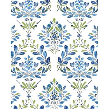 Imagem de BOKEBEVE Papel de parede boho floral azul e branco para contato com flores modernas para decoração de parede despensa armário quarto removível autoadesivo amigável para locatário 17,5 x 118 pol
