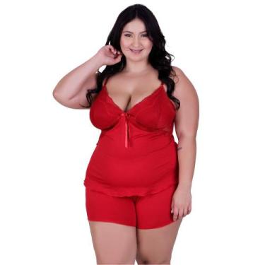 Imagem de Baby Doll Plus Size Detahe de Renda Adulto Feminino Simone, Vermelho, 