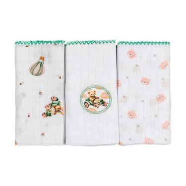 Imagem de Fralda de Pano para Bebê 68 cm x 70 cm 3 Unidades Baby Joy, urso carro