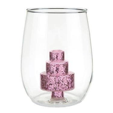 Imagem de Slant Collections Presente de aniversário, taça de vinho 3D sem haste com estatueta, 473 ml, bolo de glitter rosa