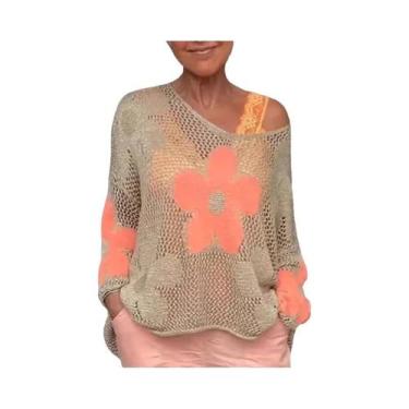 Imagem de Blusa Feminina Floral De Tricô Com Decote V E Recortes, Casual, Para P