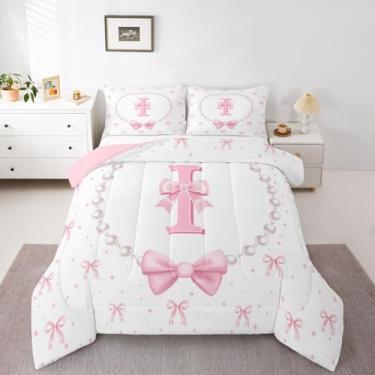 Imagem de Erosebridal Conjunto de edredom com laço rosa para meninas, tamanho Queen - Letra I com laço e laço com monograma, fita rosa, para decoração de quarto com 2 fronhas