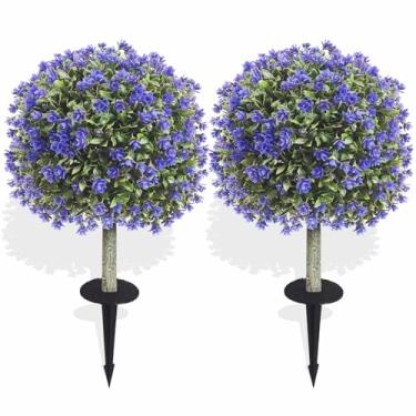 Imagem de R's Ceder Árvores de topiária de buxo artificial com rosa roxa, 2 conjuntos de arbustos perenes falsos resistentes a UV com plantas falsas de 48 cm com espigão no chão, plantas falsas para varanda e