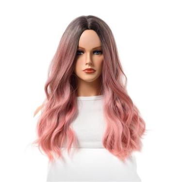 Imagem de Peruca de cosplay rosa ombre longa ondulada de 80 cm de fio de alta te