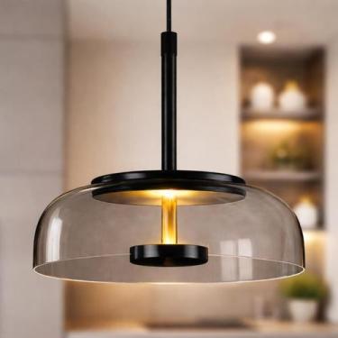 Imagem de Lustre Pendente 22,5cm Vidro Fumê Luz Indireta Redondo Luminária Teto 